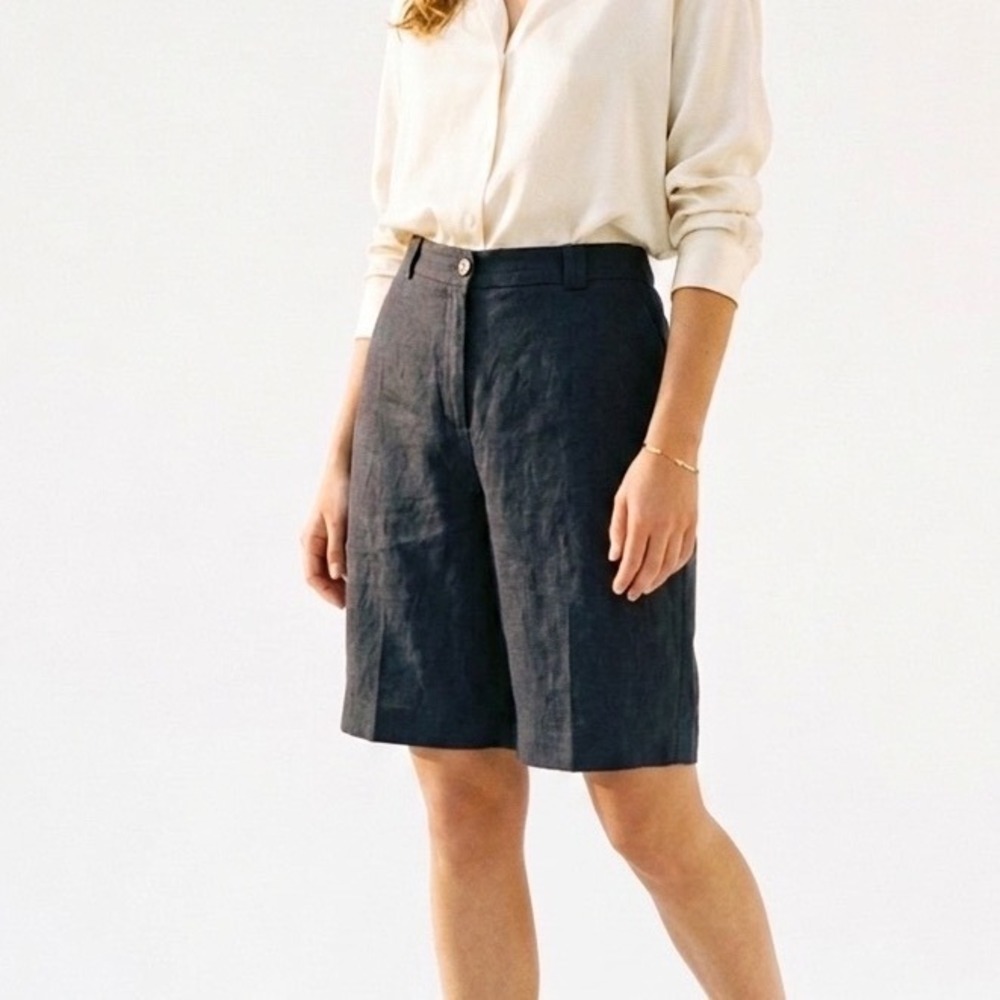 Talbots Black Irish Linen Wide Leg High Waisted Shorts Womens 12 Knee Length